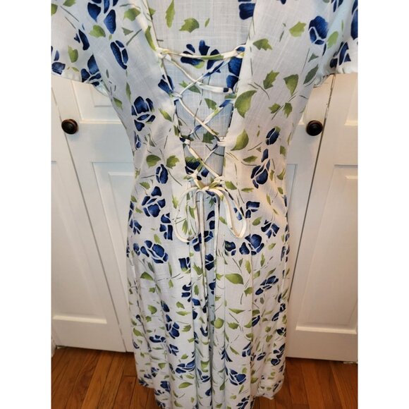 Vintage 90s Custom Made Corset White/Blue Watercolor Print Midi S Cottage Fairy - Picture 2 of 9